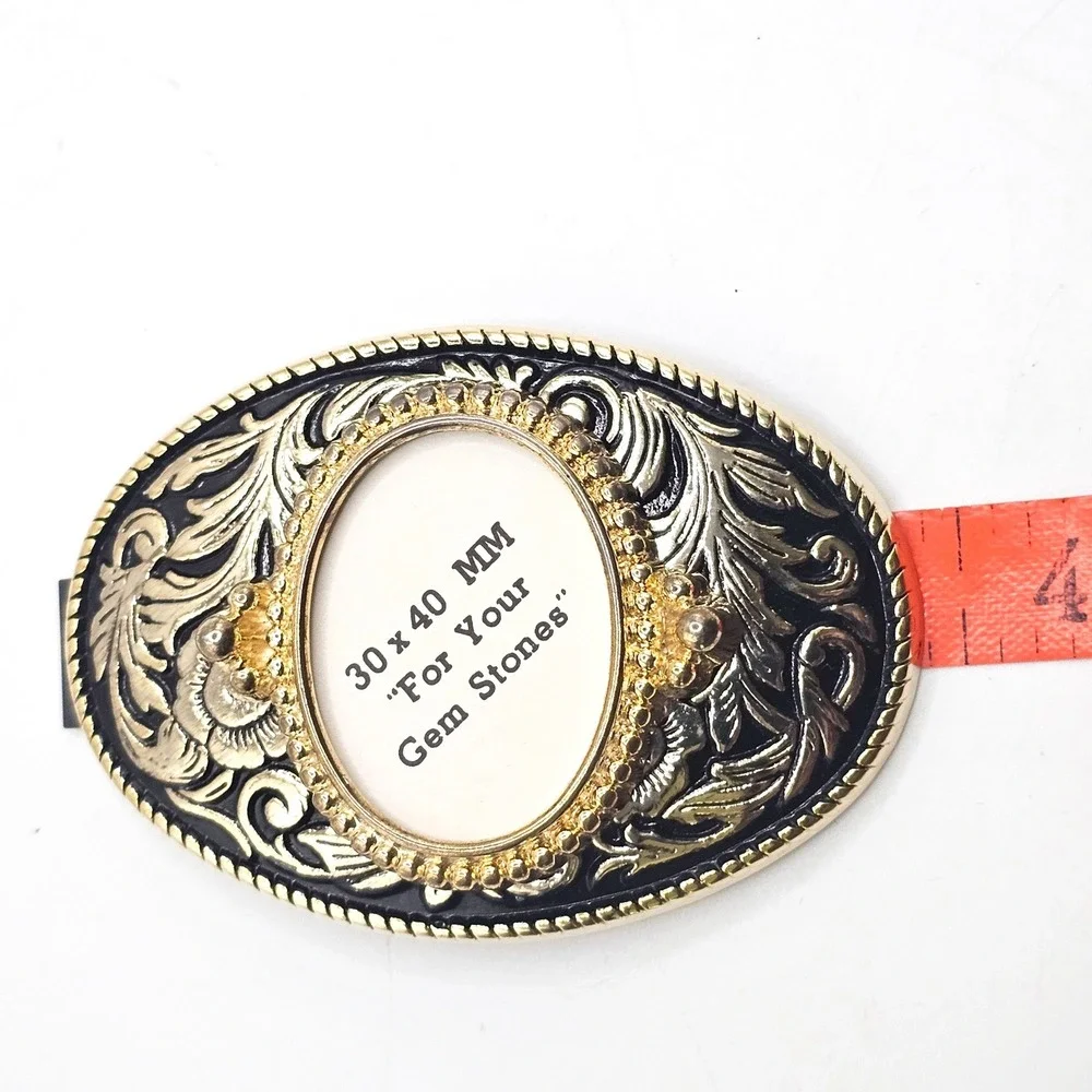 Western‎ Floral Belt Buckle Gold Black Oval 30x40mm Gemstone Setting Made in USA